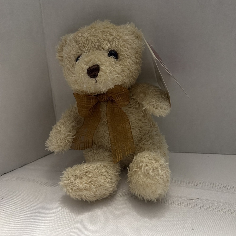 Caltoy Shaggy Cream Plush Teddy Bear Gold Bow Stuffed Animal F2-4140 8 Inch NWT